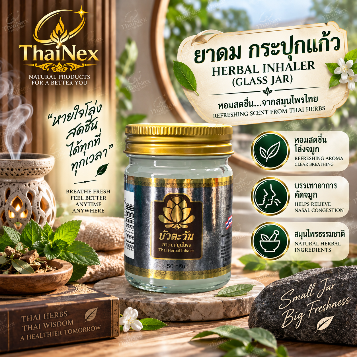 Bua Tawan Thai Traditional Herbal White Balm 50g