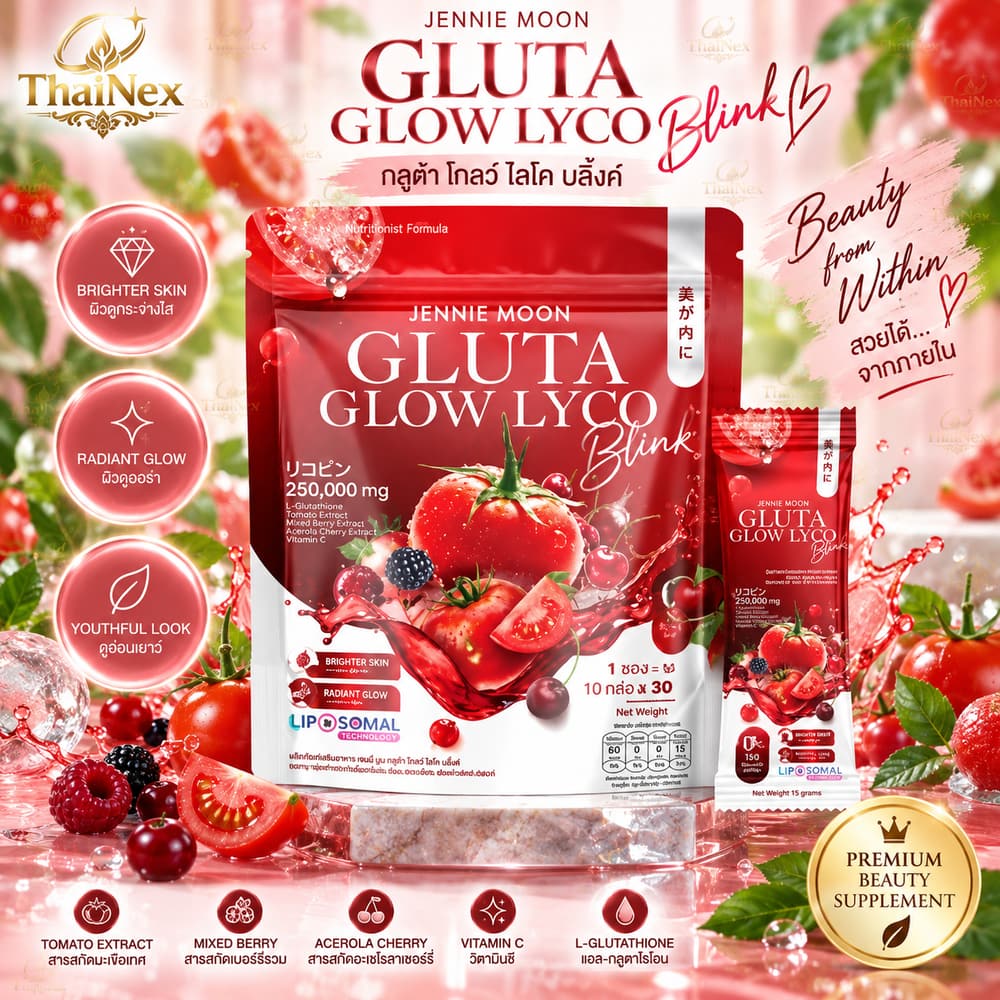 JENNIE MOON Gluta Glow Lyco Blink L-Glutathione & Lycopene Drink Mix Supplement 10g × 30 Sachets – 300g