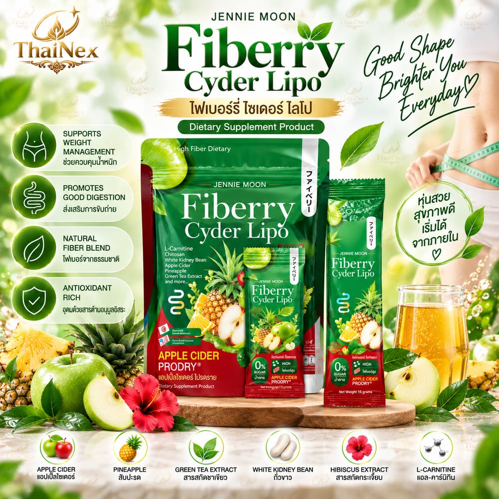 JENNIE MOON Fiberry Cyder Lipo XS Apple Cider Phodry Fiber Drink Mix Supplement 10g × 30 Sachets – 300g