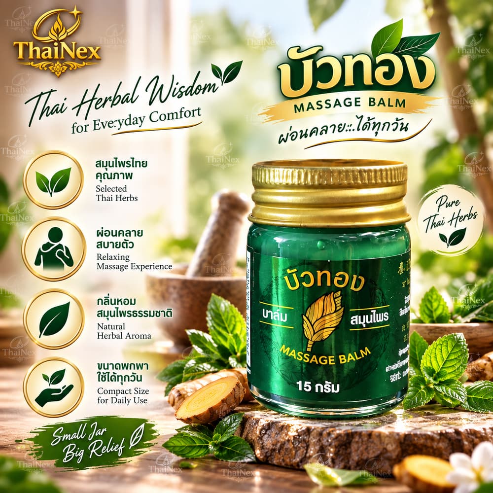 Bua Thong Thai Herbal Massage Balm Traditional Green Formula 15g