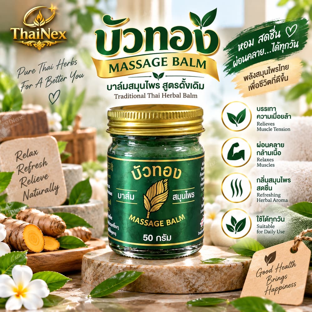 Bua Thong Thai Herbal Massage Balm Traditional Green Formula 50g