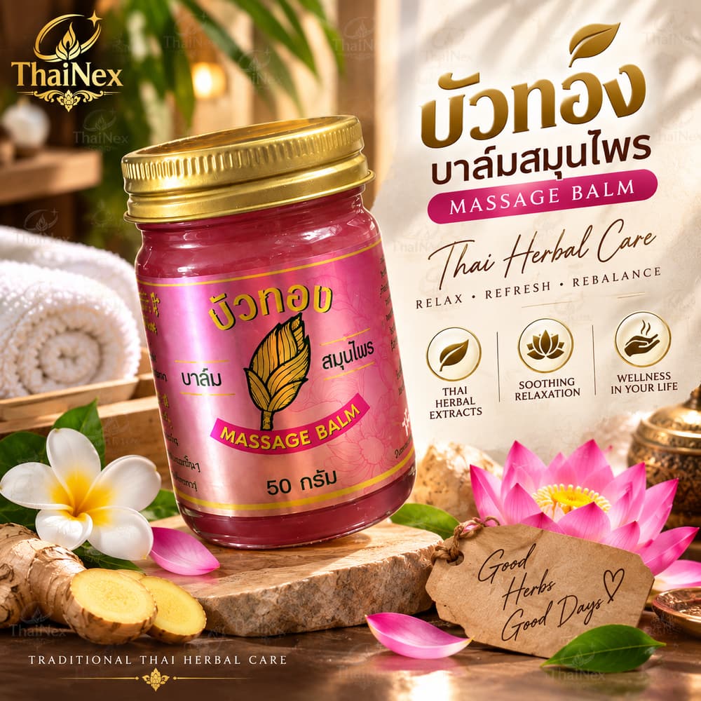 Bua Thong Thai Herbal Massage Balm Traditional Pink Formula 50g
