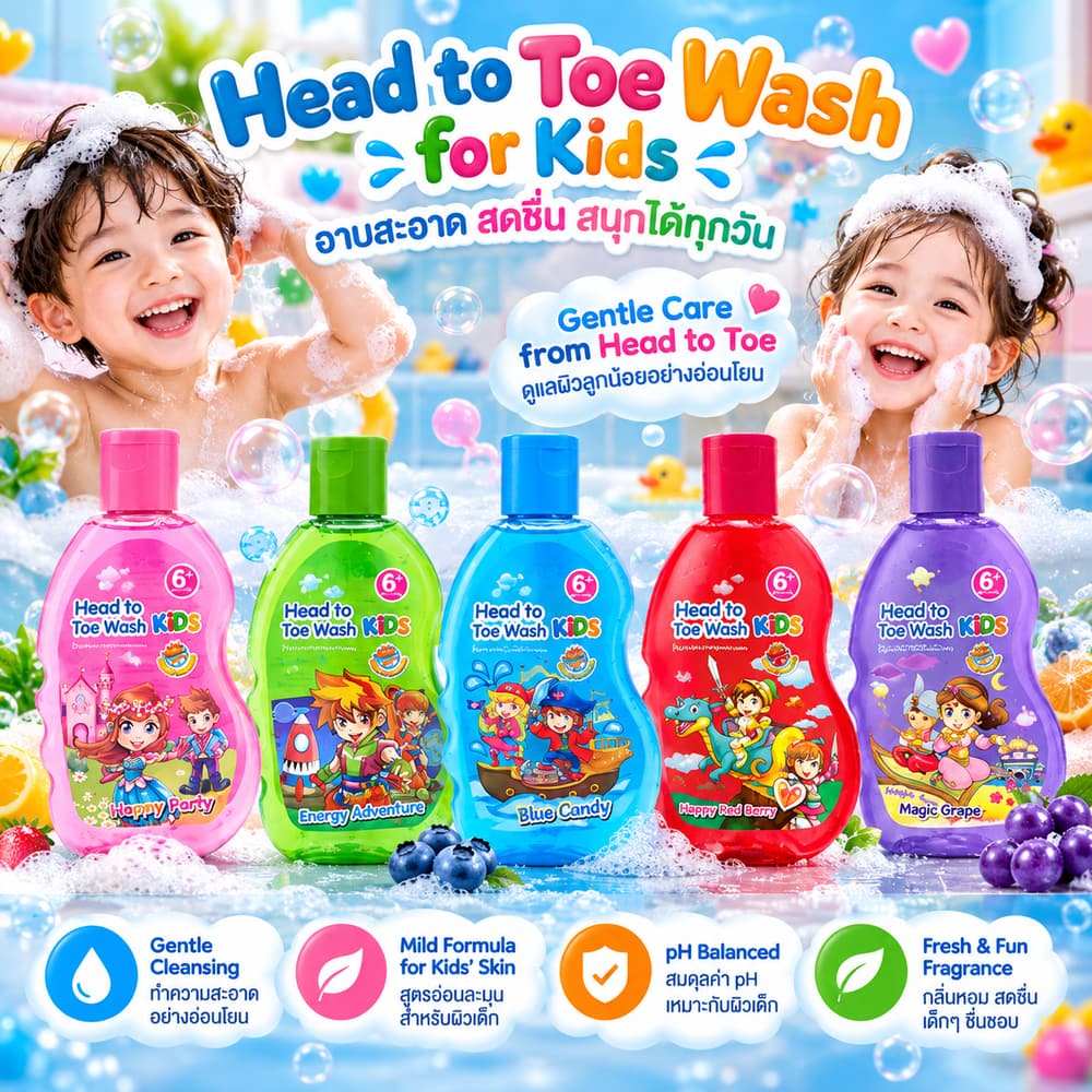 Kodomo Kids Head to Toe Hair & Body Wash 200ml – Sweet Peony, Fresh Green, Blue Candy, Fruit Punch & Happy Dream