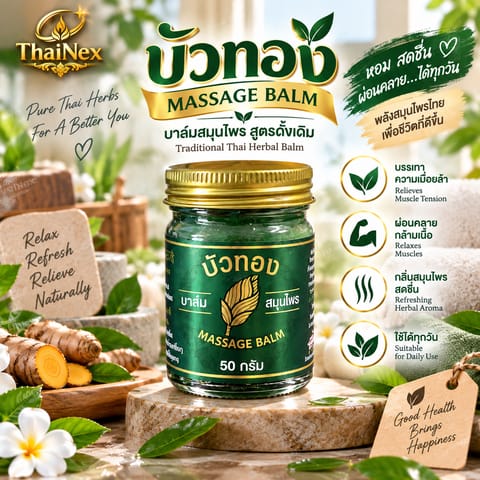 Bua Thong Thai Herbal Massage Balm Traditional Green Formula 50g