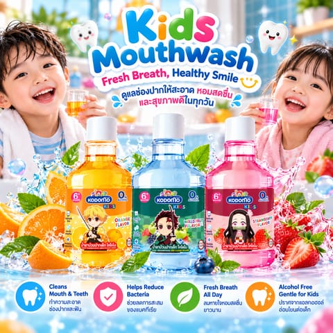 Kodomo Kids Alcohol-Free Mouthwash 250ml – Strawberry, Orange & Fruity Cool Mint